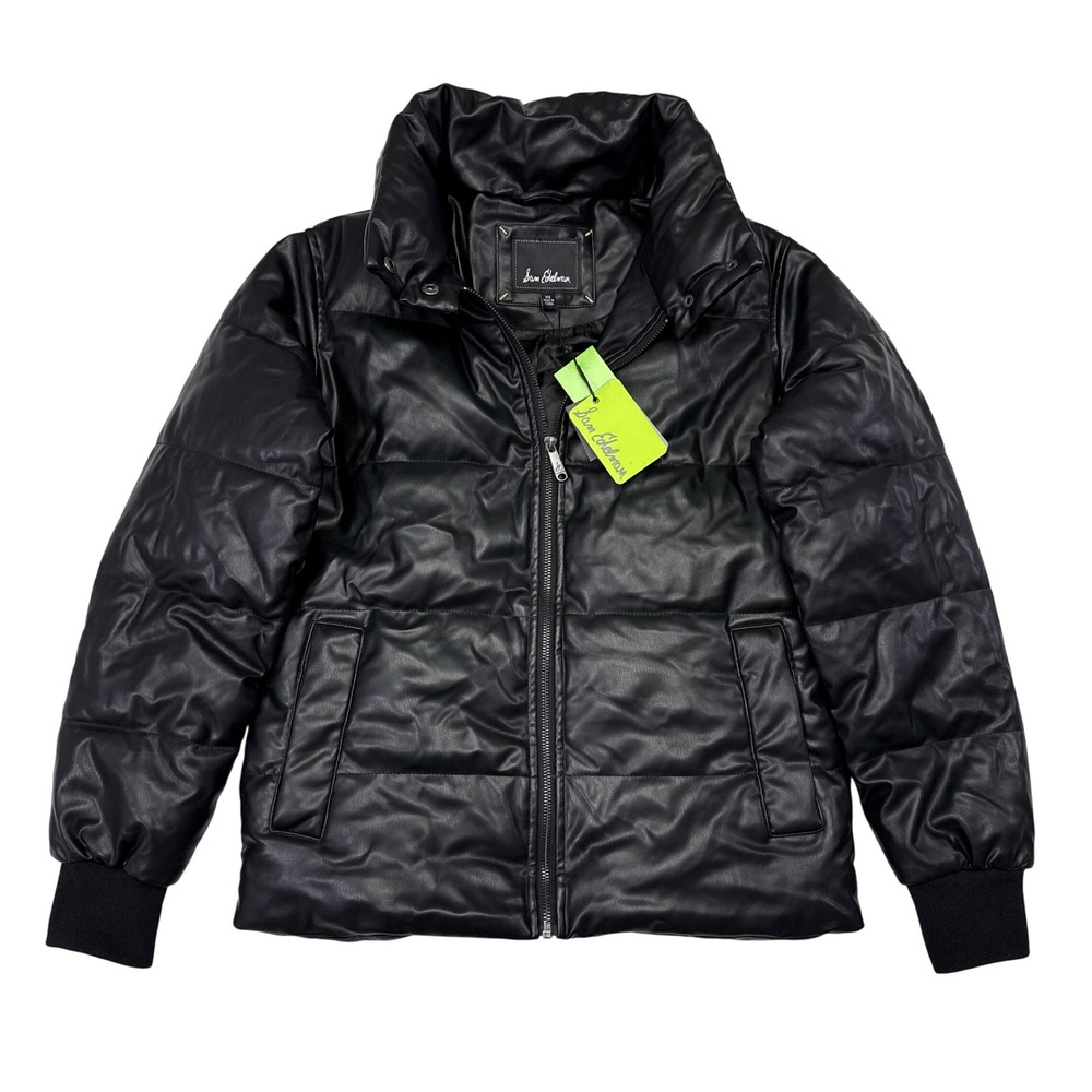 Sam Edelman Puffer Jacket Womens ize XS Black Faux Leather Vegan Water Repellant